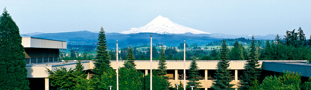 View of Mount Hood in front of the Academic Center at the Gresham campus from the west side of campus